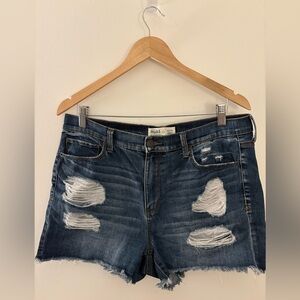 Mudd Flex Stretch High-Rise Shortie Distressed Dark Blue Denim Shorts SZ JR 15